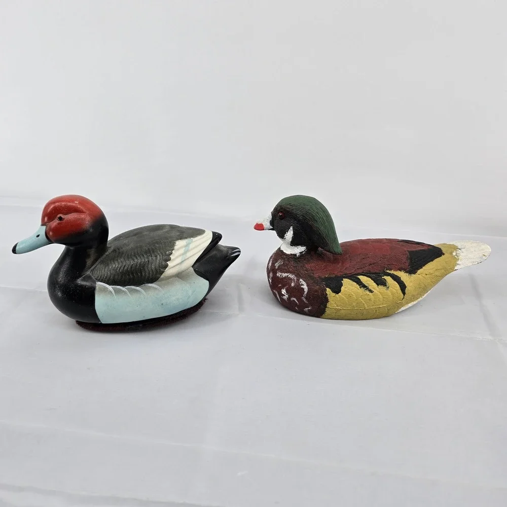 Vintage Hand Painted Duck Decoy Figurines Redhead and Wood Duck‎ Set of 2